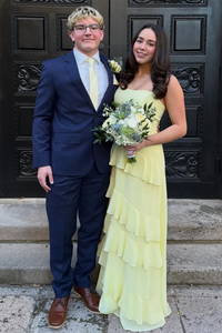 Yellow Tiered Ruffle Prom Dress Strapless Chiffon Wedding Guest Dress Formal Party Dress Ms2606012