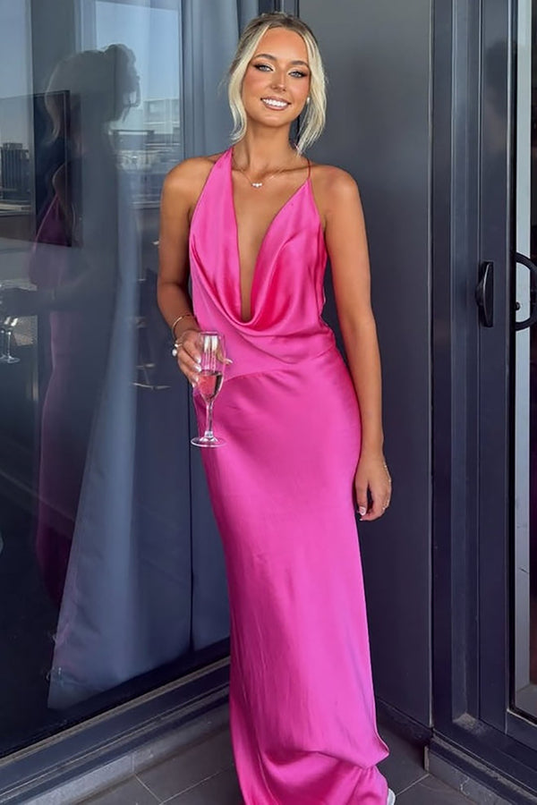 Satin Evening Dress Halter V Neck Backless Party Gown Formal Prom Dress Ms2606021