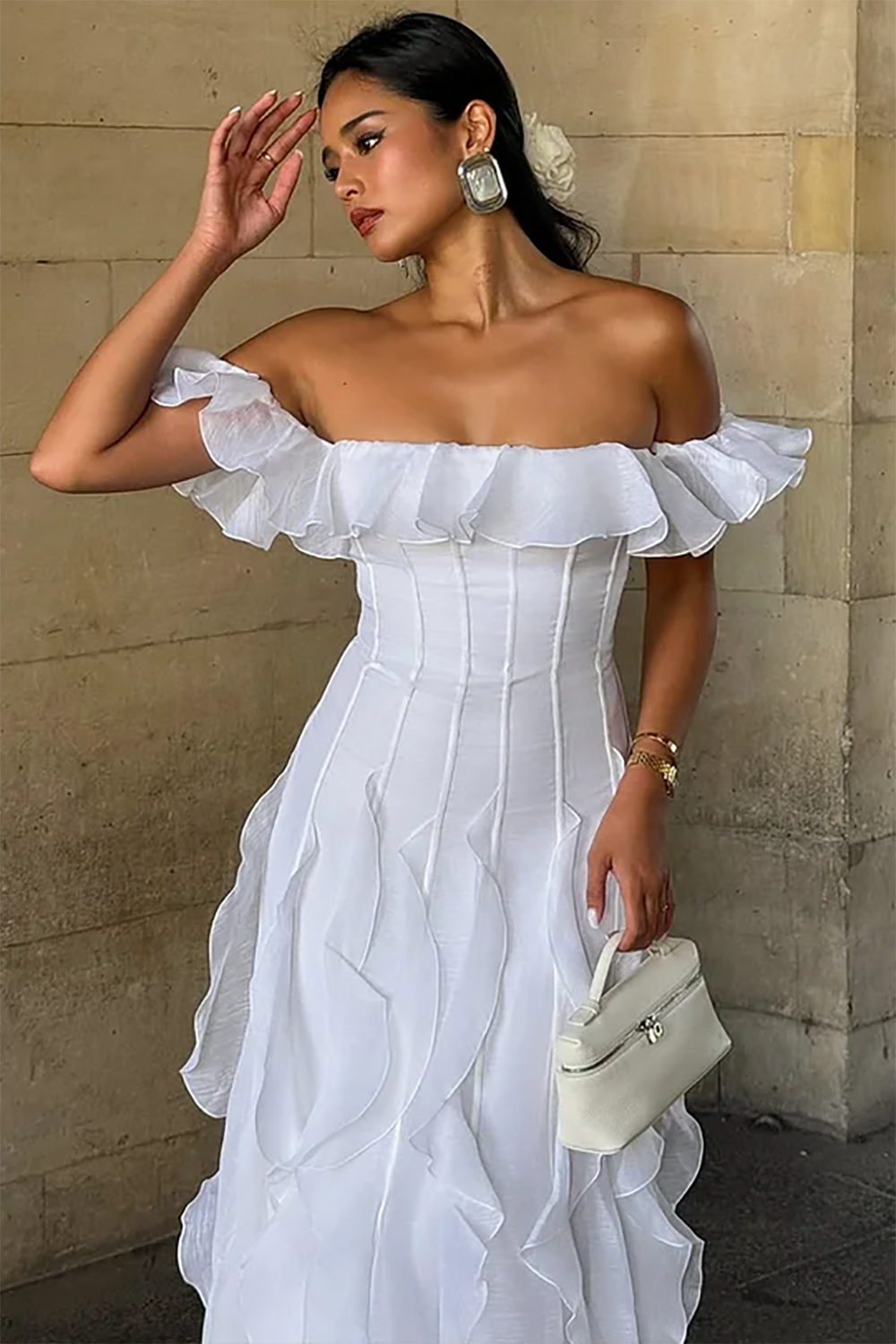 Off Shoulder Ruffle Corset Prom Dress Layered Long Formal Evening Gown Ms2604091