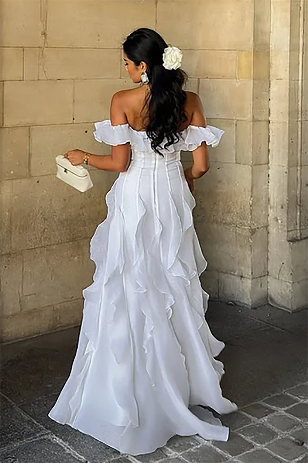 Off Shoulder Ruffle Corset Prom Dress Layered Long Formal Evening Gown Ms2604091