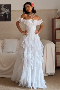 Off Shoulder Ruffle Corset Prom Dress Layered Long Formal Evening Gown Ms2604091