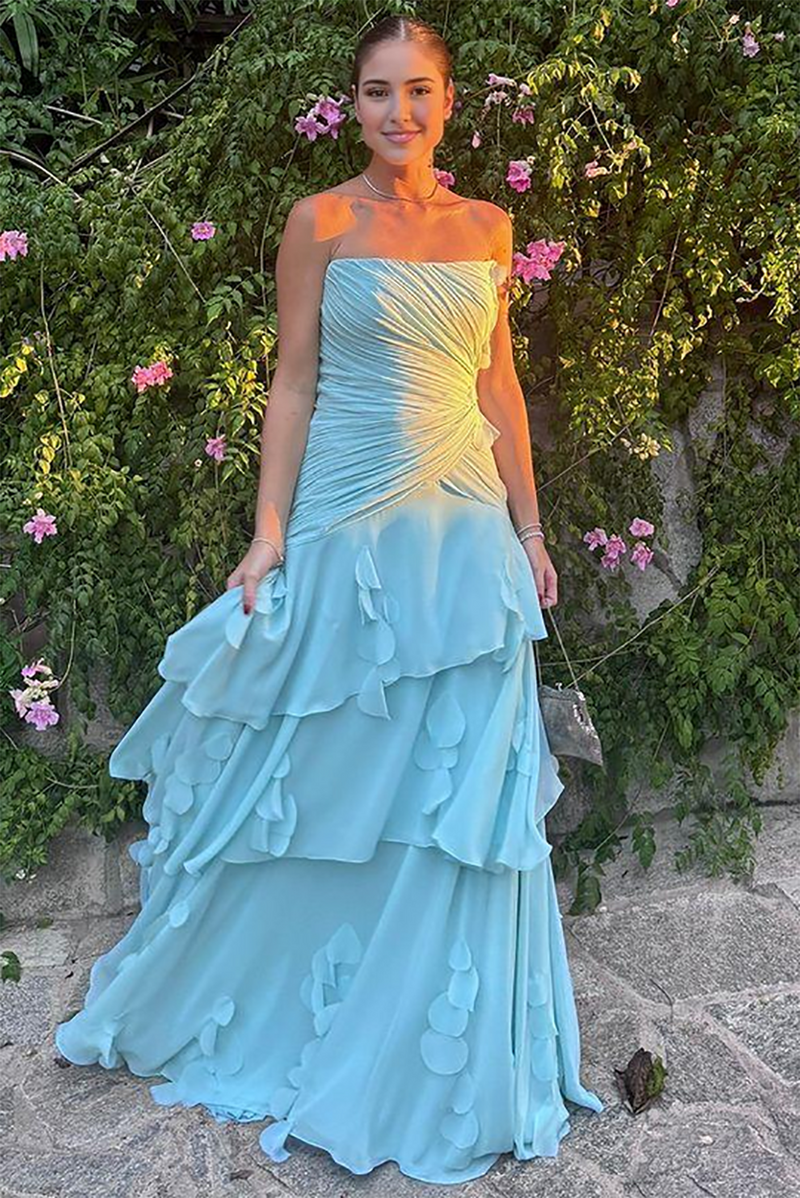 Strapless Tiered Chiffon Prom Dress A-Line Pleated Ruched Formal Evening Gown Ms2604092