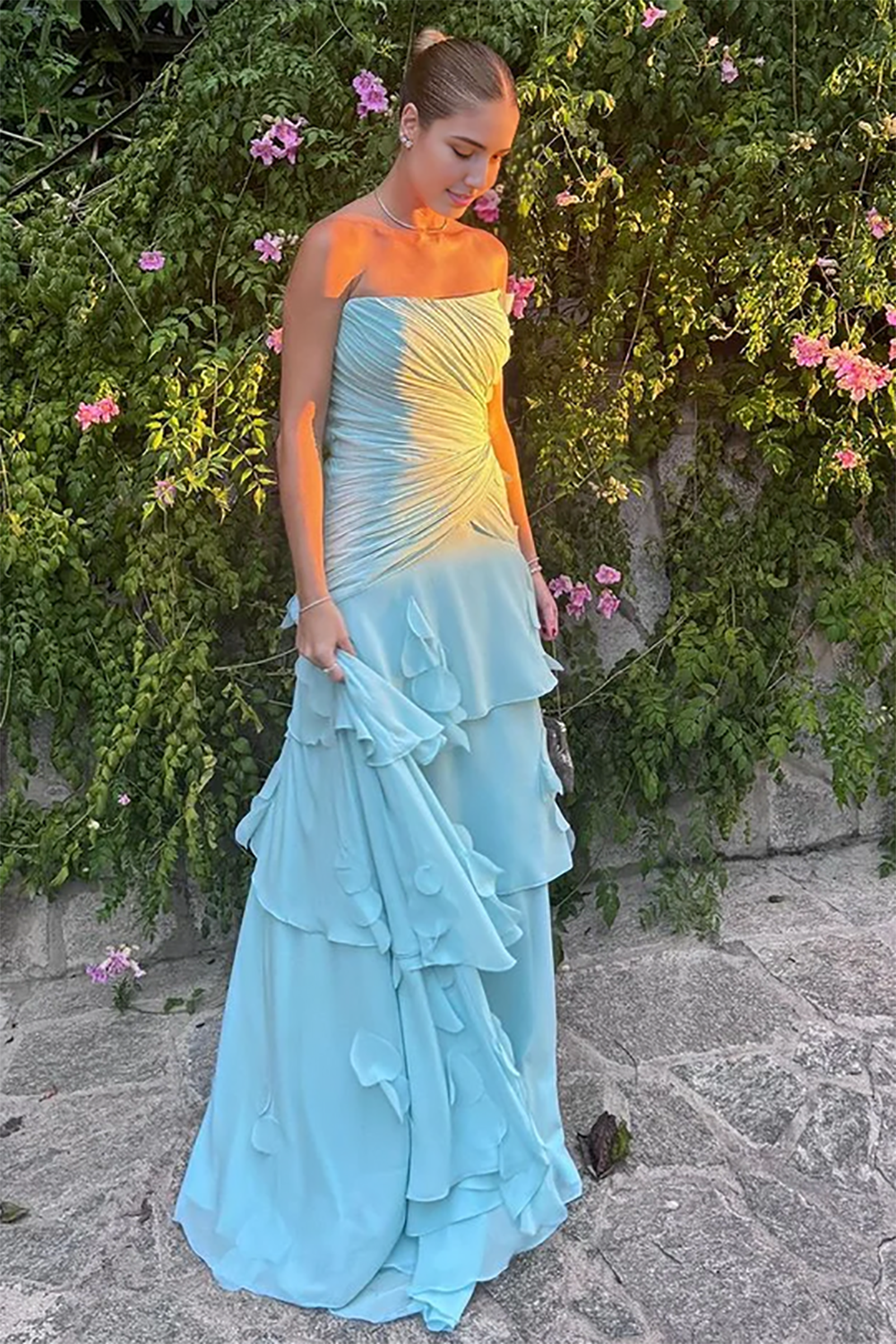Strapless Tiered Chiffon Prom Dress A-Line Pleated Ruched Formal Evening Gown Ms2604092