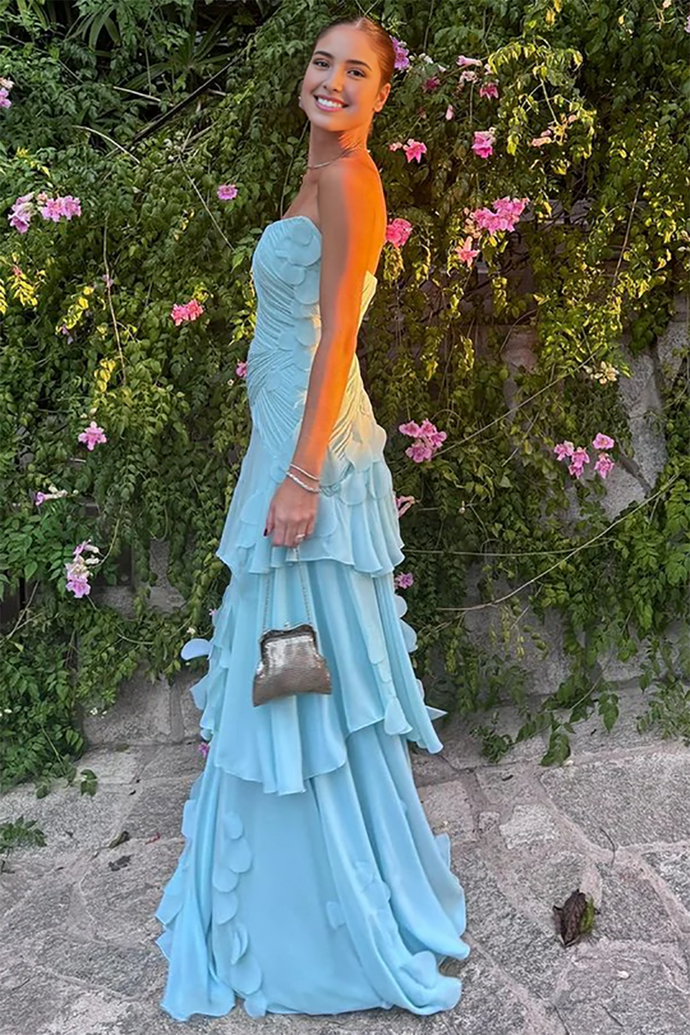 Strapless Tiered Chiffon Prom Dress A-Line Pleated Ruched Formal Evening Gown Ms2604092