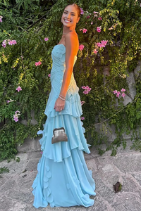 Strapless Tiered Chiffon Prom Dress A-Line Pleated Ruched Formal Evening Gown Ms2604092