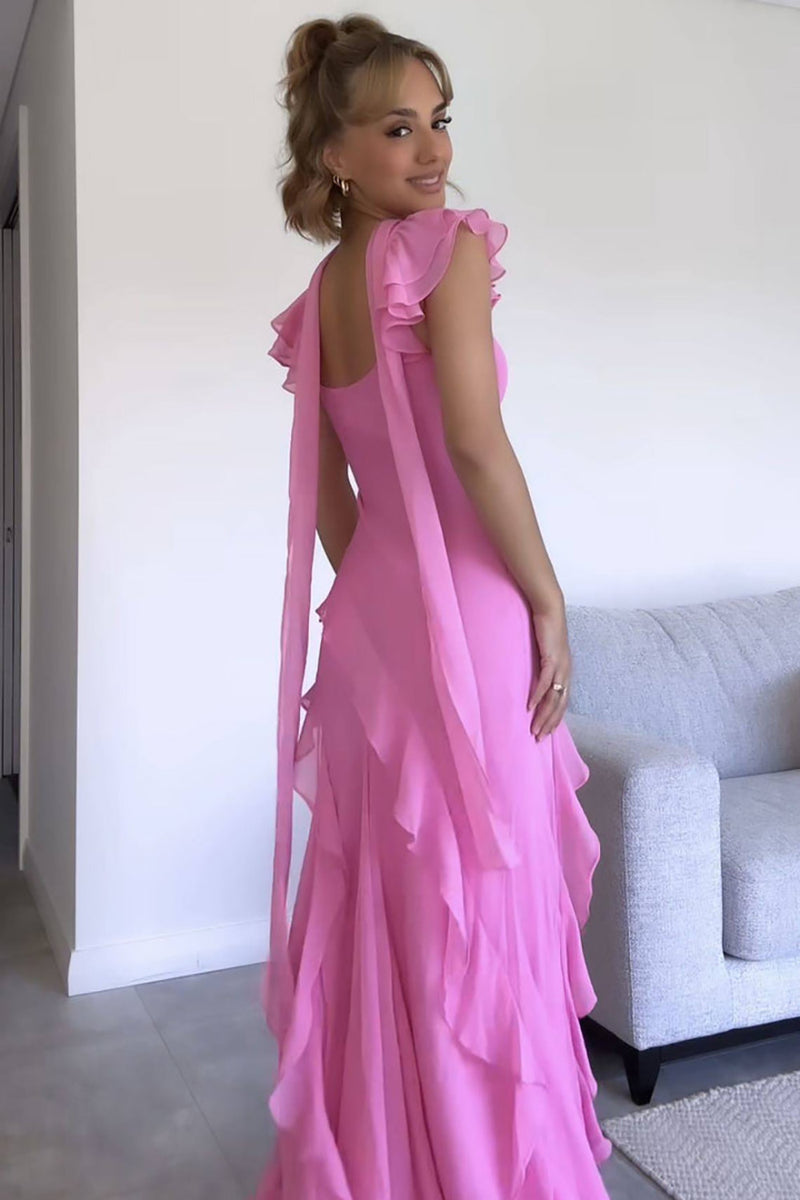Hot Pink Prom Dress Cap Sleeves Ruffles Chiffon Sheath Evening Dress Ms2604073