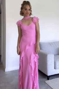 Hot Pink Prom Dress Cap Sleeves Ruffles Chiffon Sheath Evening Dress Ms2604073
