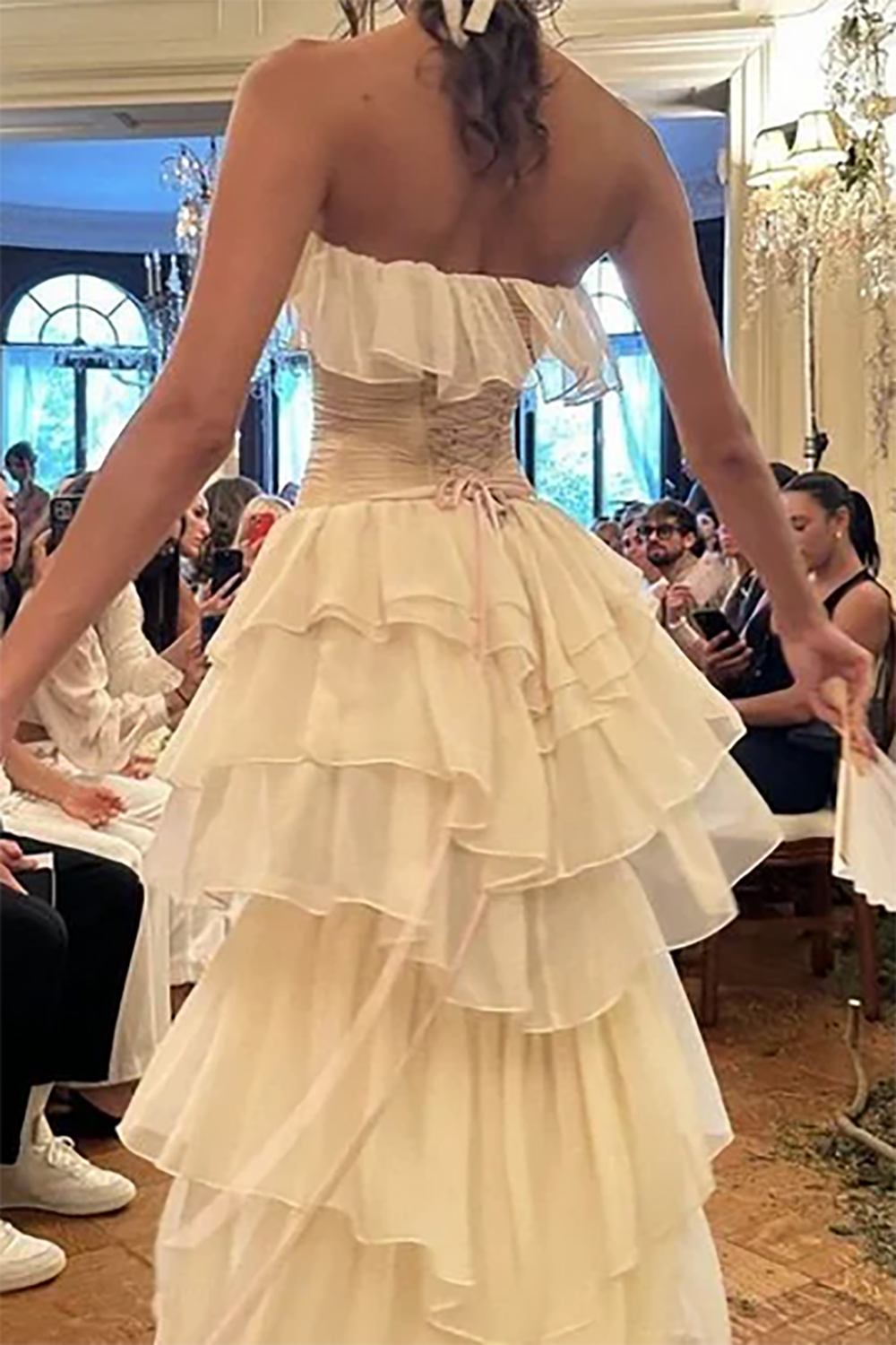 vintage corset prom dress Champagne Strapless Ruffle Prom Dress Vintage Corset Tiered Elegant Ev –  Msikoods Official Store
