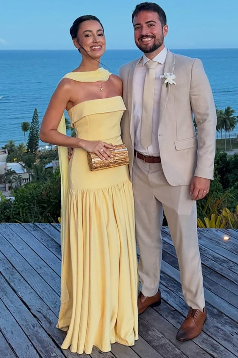 Yellow Strapless Prom Dress with Scarf Elegant Corset Beach Wedding Guest Dress Ms2604095