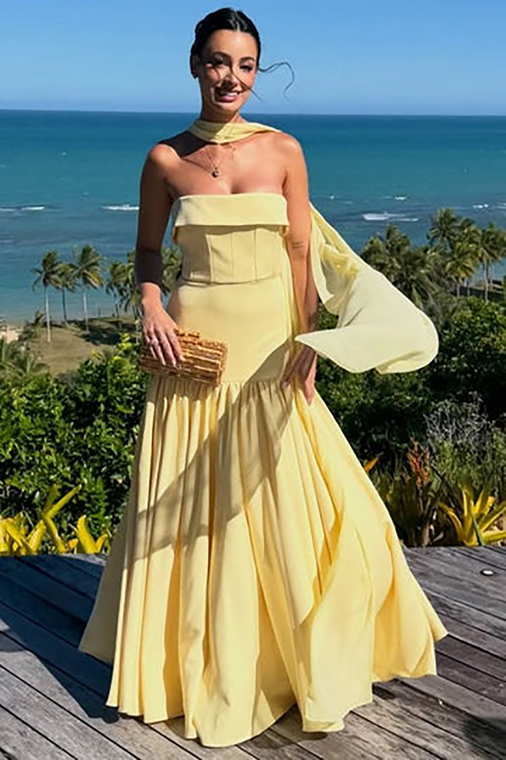 Yellow Strapless Prom Dress with Scarf Elegant Corset Beach Wedding Gu – Msikoods Official Store Yellow Strapless Prom Dress with Scarf Elegant Corset Beach Wedding Gu – Msikoods Official Store
