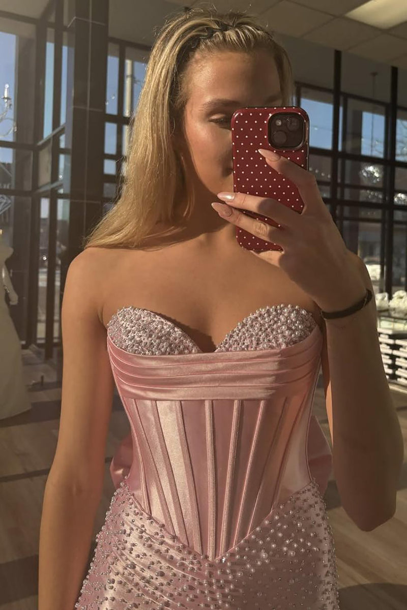 Satin Prom Dress Strapless Mermaid Prom Dress Corset Pearls High Slit Bow Evening Dress Ms2604097