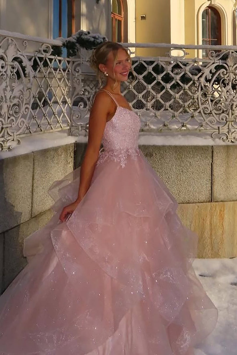 Ball Gown Prom Dress Spaghetti Strap Lace Tiered Organza Princess Evening Dress Ms2604098
