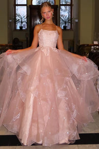 Ball Gown Prom Dress Spaghetti Strap Lace Tiered Organza Princess Evening Dress Ms2604098