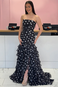 Polka Dot Prom Dress Strapless A Line Tiered Ruffle Long Evening Dress with Bow Ms2604099