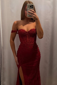 Lace Prom Dress Off Shoulder Mermaid Party Gown Corset High Slit Evening Dress Ms2604021