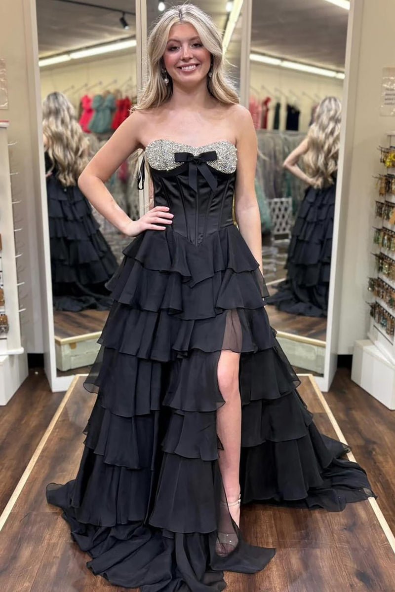 Strapless Prom Dress Corset A Line Sequin Bow Ruffles Tiered Luxury Evening Dress Ms2604023