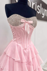 Strapless Prom Dress Corset A Line Sequin Bow Ruffles Tiered Luxury Evening Dress Ms2604023
