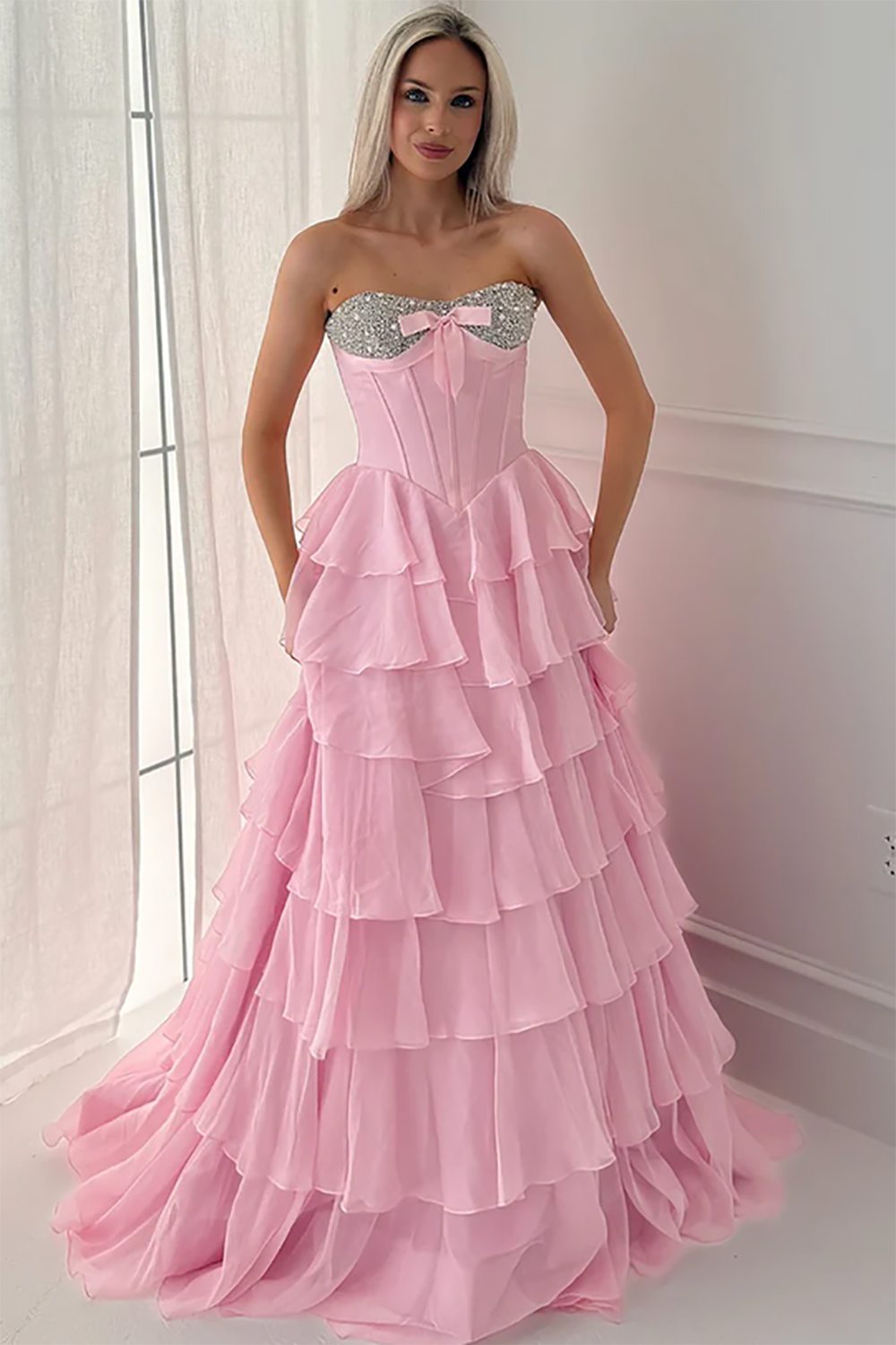 Strapless Prom Dress Corset A Line Sequin Bow Ruffles Tiered Luxury Evening Dress Ms2604023