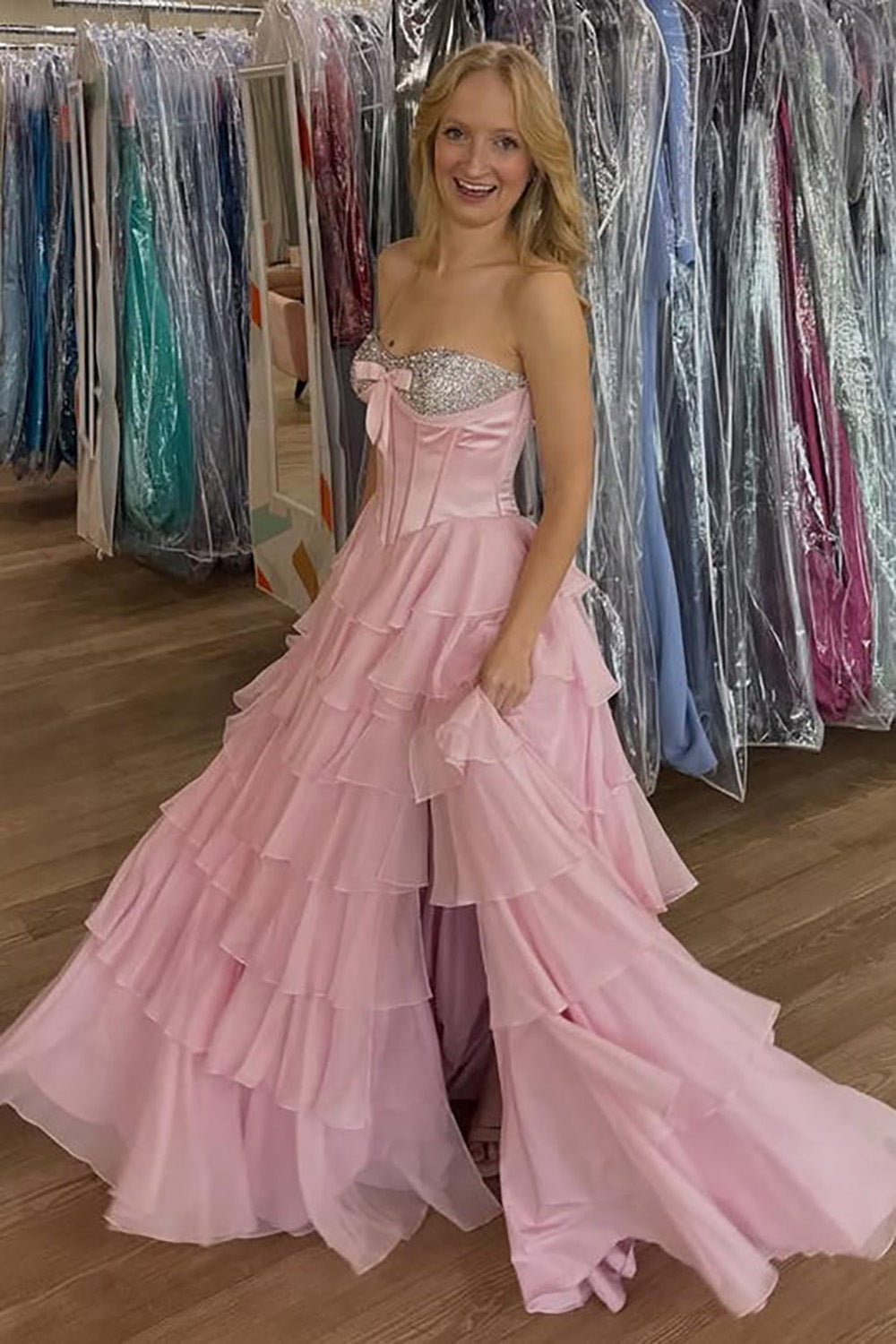 Strapless Prom Dress Corset A Line Sequin Bow Ruffles Tiered Luxury Evening Dress Ms2604023