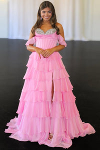 Pink Prom Dress Corset A Line Sequin High Slit Tiered Evening Dress Birthday Gown Ms2604022