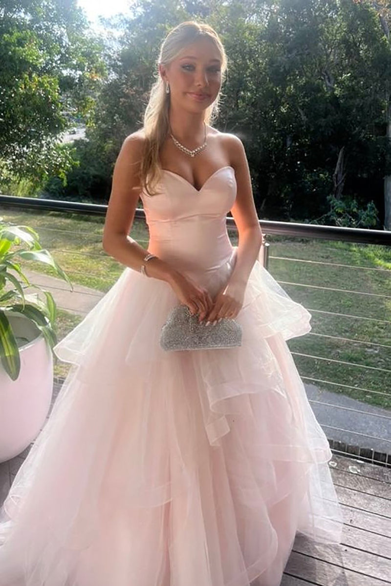 Blush Pink Strapless Prom Dress Ball Gown Graduation Dress Layered Tulle Evening Dress Ms2604024
