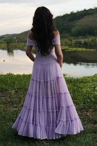 Lavender Off Shoulder Prom Dress A Line Tiered Ruffle Chiffon Flowing Evening Dress Ms2604025