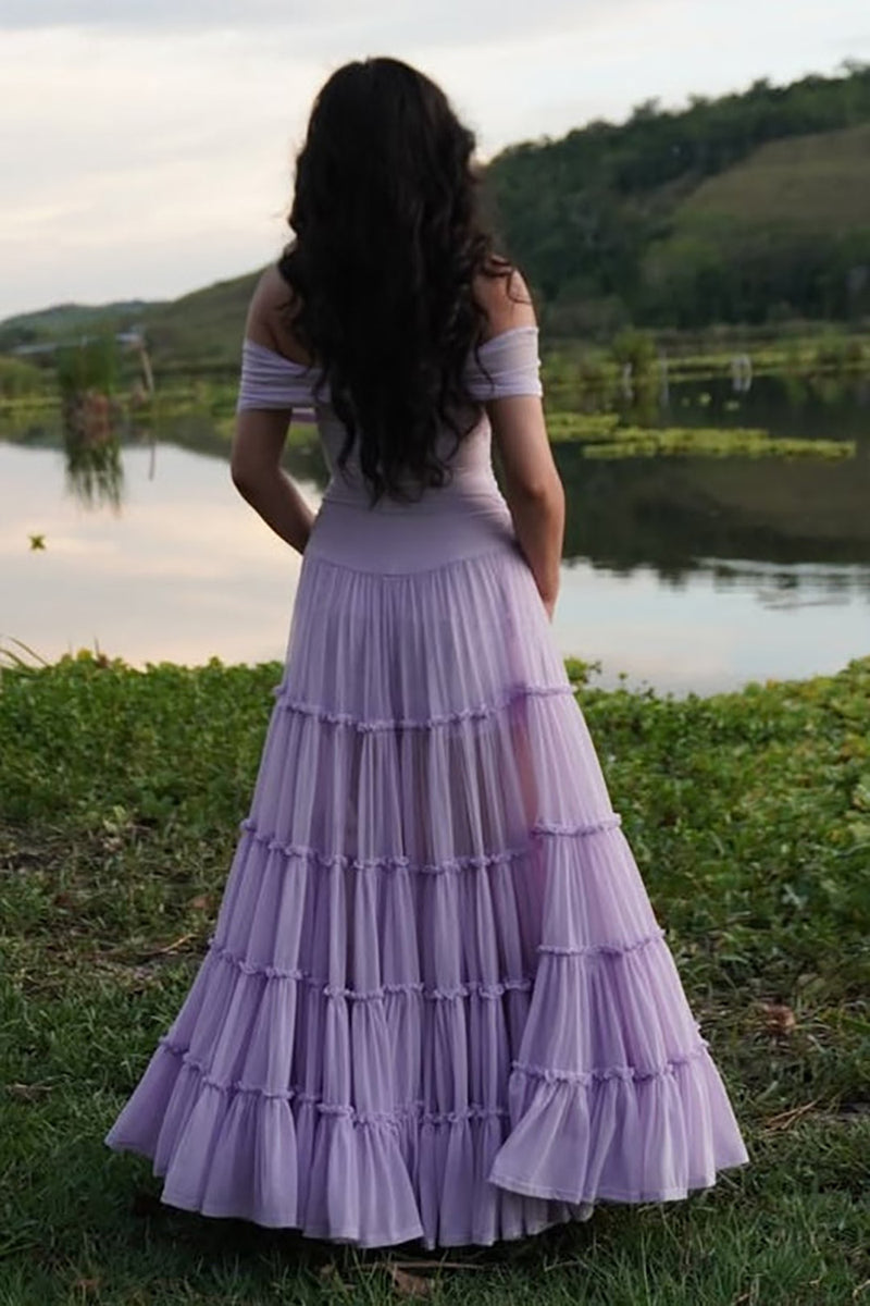Lavender Off Shoulder Prom Dress A Line Tiered Ruffle Chiffon Flowing Evening Dress Ms2604025
