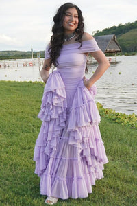 Lavender Off Shoulder Prom Dress A Line Tiered Ruffle Chiffon Flowing Evening Dress Ms2604025