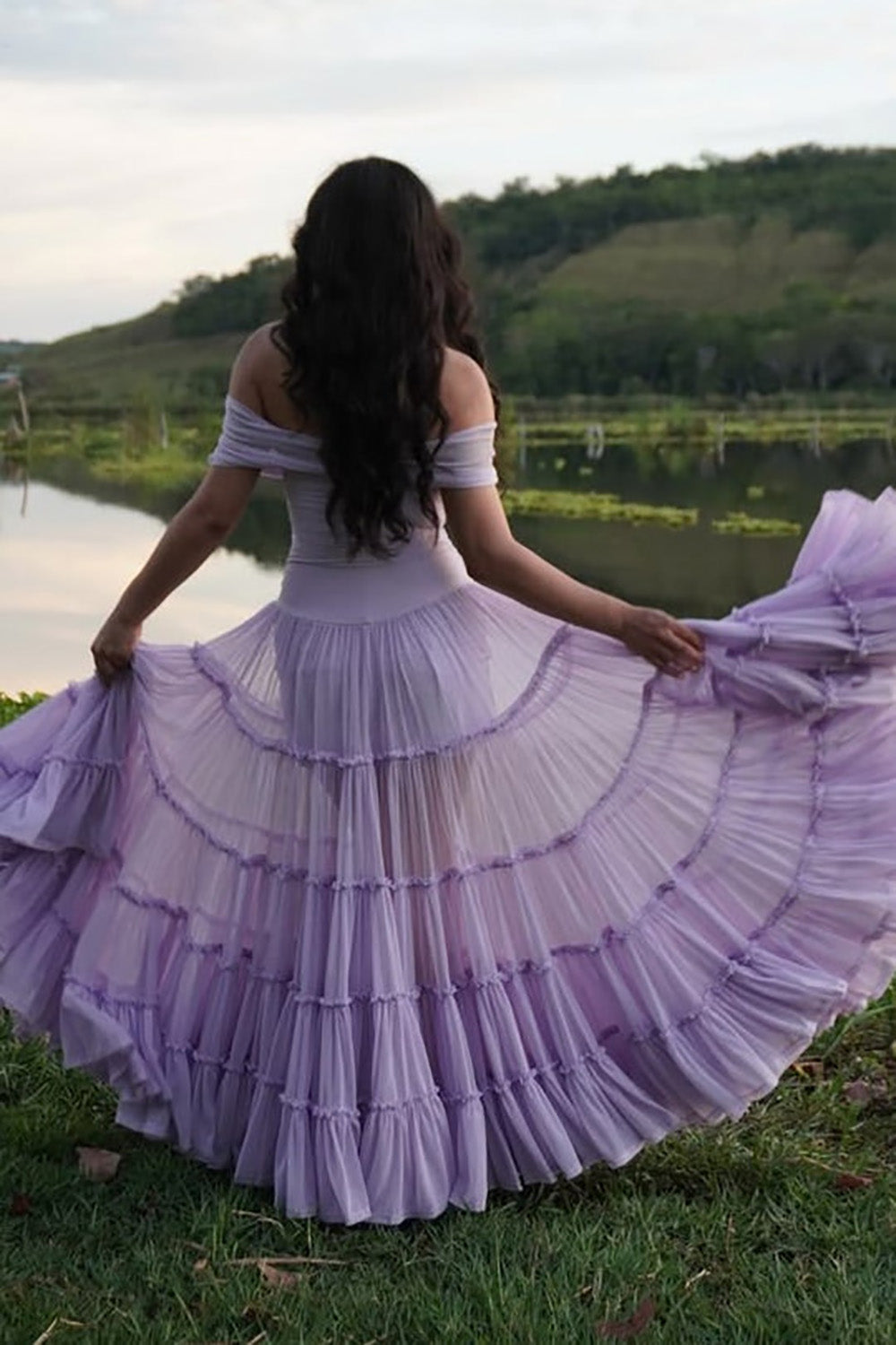 Lavender Off Shoulder Prom Dress A Line Tiered Ruffle Chiffon Flowing Evening Dress Ms2604025