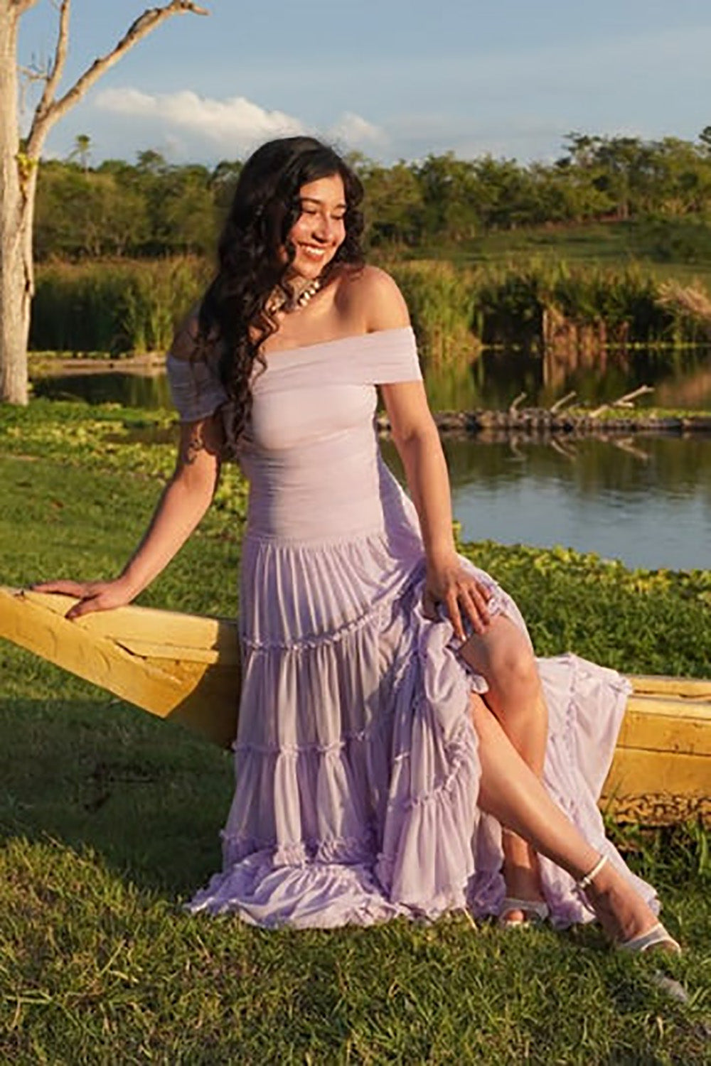 Lavender Off Shoulder Prom Dress A Line Tiered Ruffle Chiffon Flowing Evening Dress Ms2604025