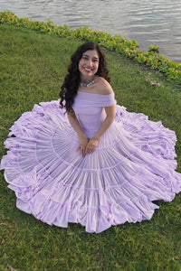 Lavender Off Shoulder Prom Dress A Line Tiered Ruffle Chiffon Flowing Evening Dress Ms2604025