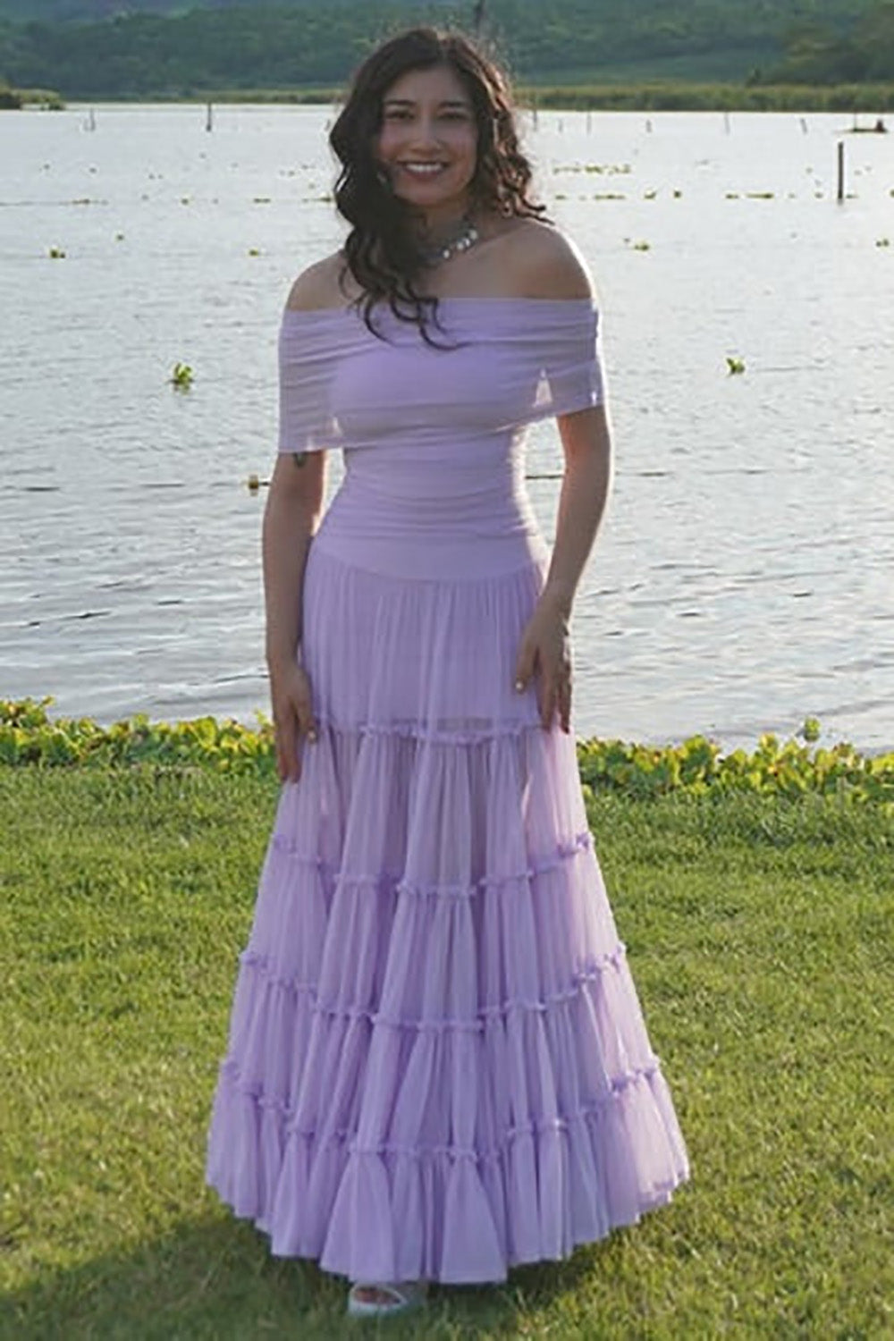 Lavender Off Shoulder Prom Dress A Line Tiered Ruffle Chiffon Flowing Evening Dress Ms2604025