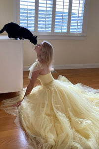 Yellow Tulle Prom Dress Spaghetti Strap A Line Ball Tiered Evening Party Dress Ms2604026