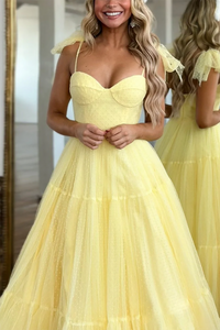 Yellow Tulle Prom Dress Spaghetti Strap A Line Ball Tiered Evening Party Dress Ms2604026