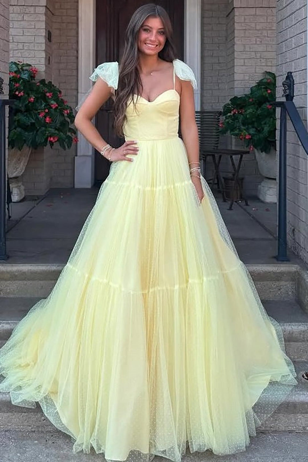 Yellow Tulle Prom Dress Spaghetti Strap A Line Ball Tiered Evening Party Dress Ms2604026