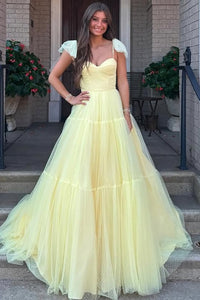 Yellow Tulle Prom Dress Spaghetti Strap A Line Ball Tiered Evening Party Dress Ms2604026