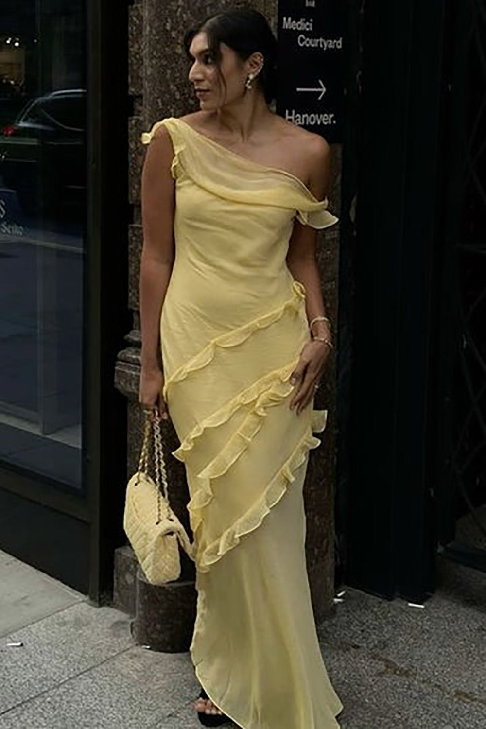 One Shoulder Prom Dress A Line Ruffle Chiffon Layered Formal Evening Dress Ms2604029