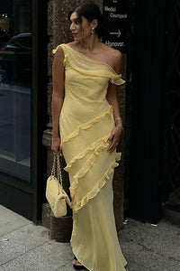 One Shoulder Prom Dress A Line Ruffle Chiffon Layered Formal Evening Dress Ms2604029