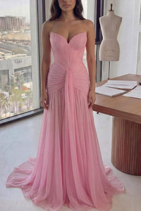 Strapless Prom Dress Pleated Chiffon Party Dress Ruched Long Evening Dress Ms2606223