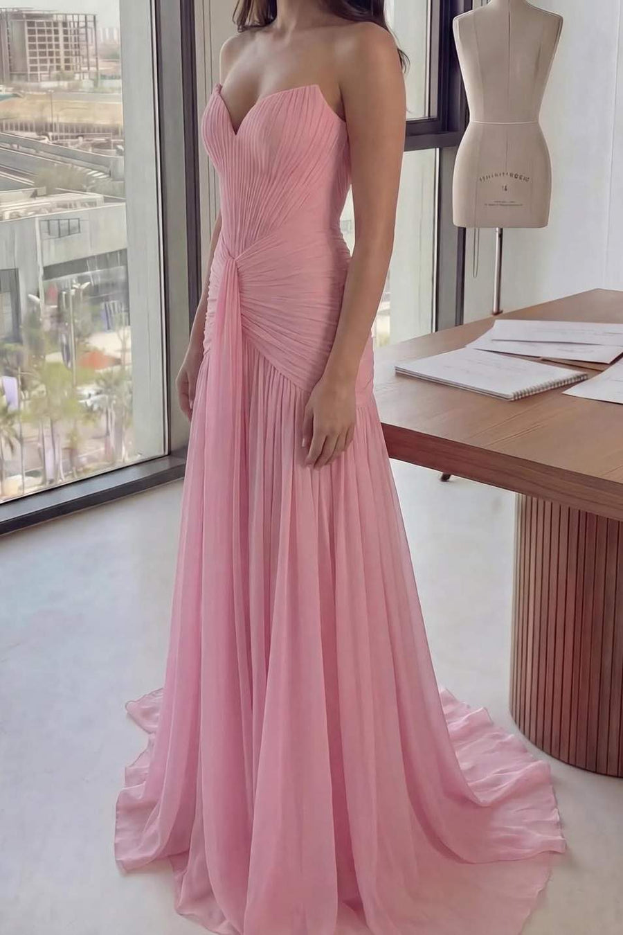 Strapless Prom Dress Pleated Chiffon Party Dress Ruched Long Evening Dress Ms2606223