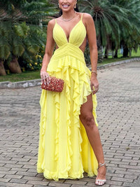 Yellow Prom Dress Spaghetti Strap Backless High Slit Ruched Luxury Formal Evening Dress Ms2609164