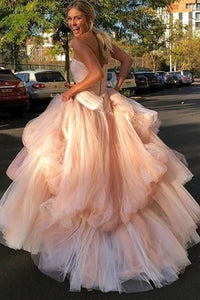Blush Pink Prom Dress Strapless Ruched Tulle Ball Gown Formal Gown Evening Dress Ms2609054