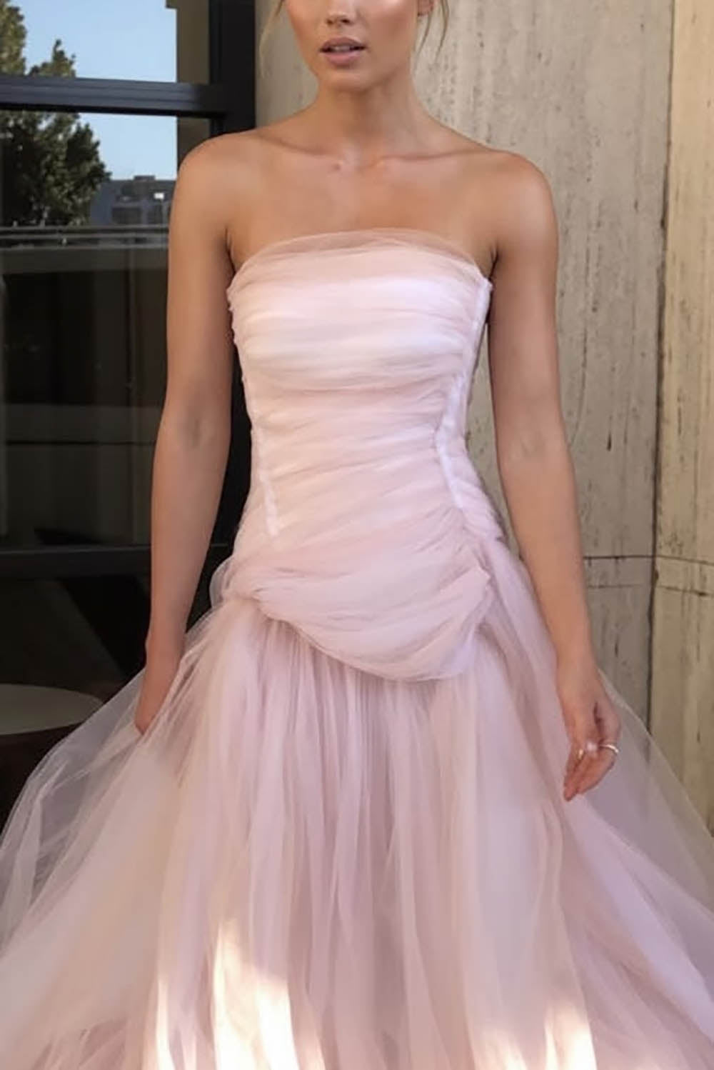 Blush Pink Prom Dress Strapless Ruched Tulle Ball Gown Formal Gown Evening Dress Ms2609054