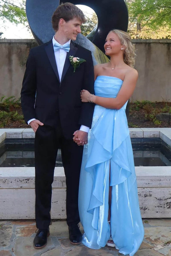 Light Blue Prom Dress Strapless Shiny Satin A Line Birthday Gown Formal Evening Dress Ms2609112