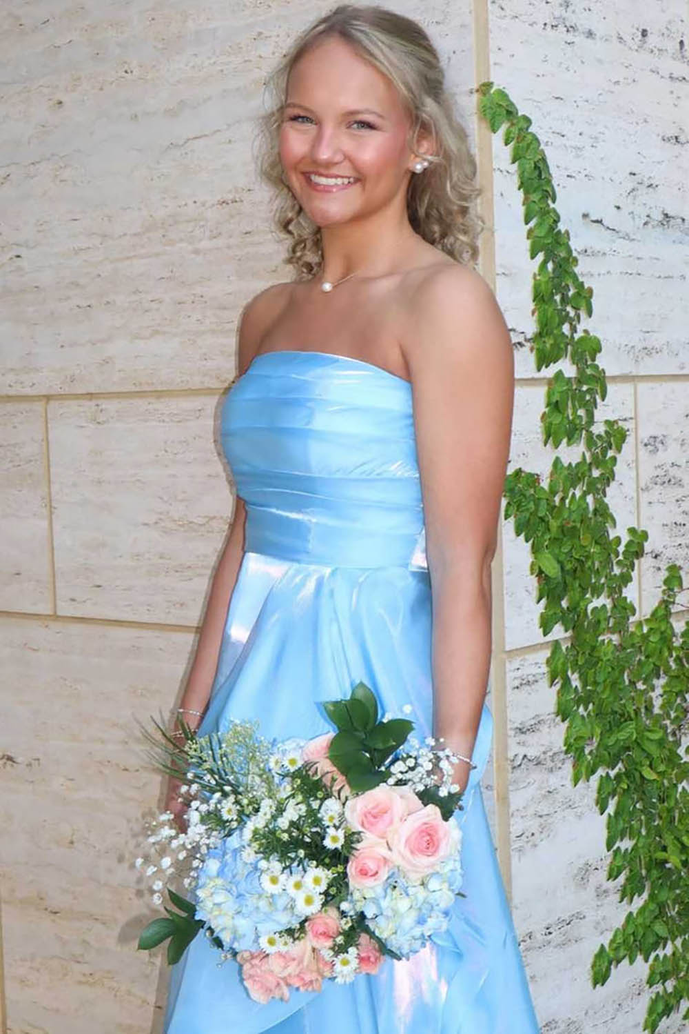 Light Blue Prom Dress Strapless Shiny Satin A Line Birthday Gown Formal Evening Dress Ms2609112