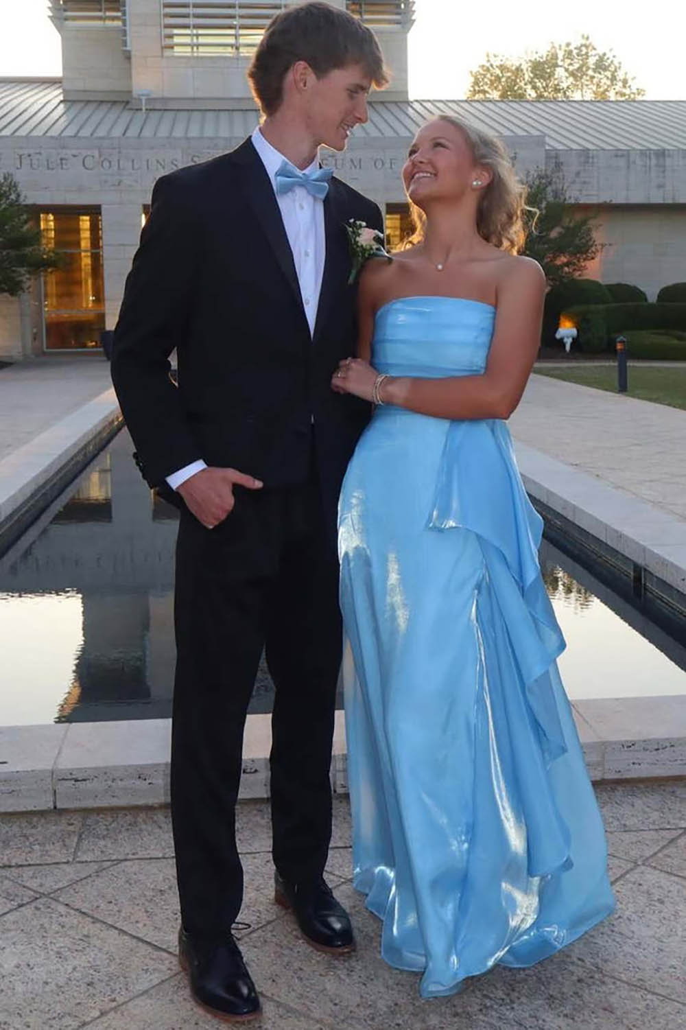 Light Blue Prom Dress Strapless Shiny Satin A Line Birthday Gown Formal Evening Dress Ms2609112
