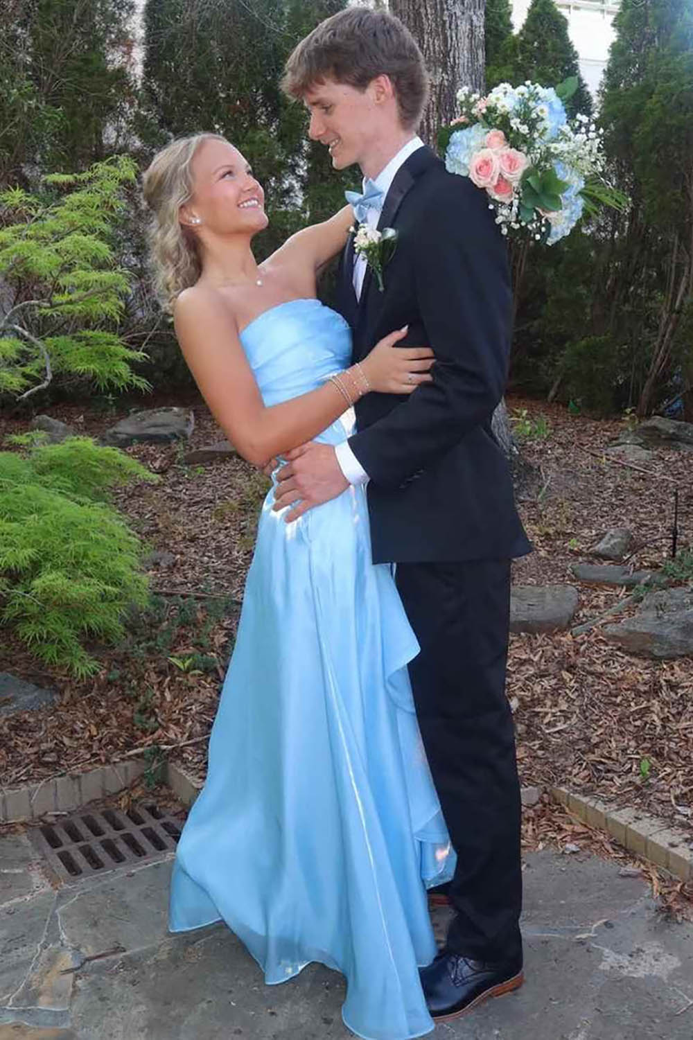 Light Blue Prom Dress Strapless Shiny Satin A Line Birthday Gown Formal Evening Dress Ms2609112