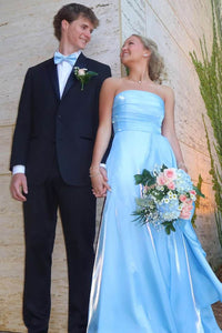 Light Blue Prom Dress Strapless Shiny Satin A Line Birthday Gown Formal Evening Dress Ms2609112
