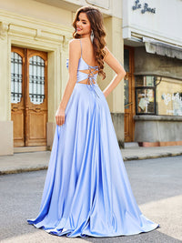 Satin Spaghetti Strap Evening Dress Corset High Slit Formal Gown Ms2301131