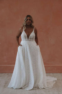 3D Lace Appliqué Bridal Dress Deep V Neck sexy A-Line Wedding Gown Beach Bride Dress Ms205106